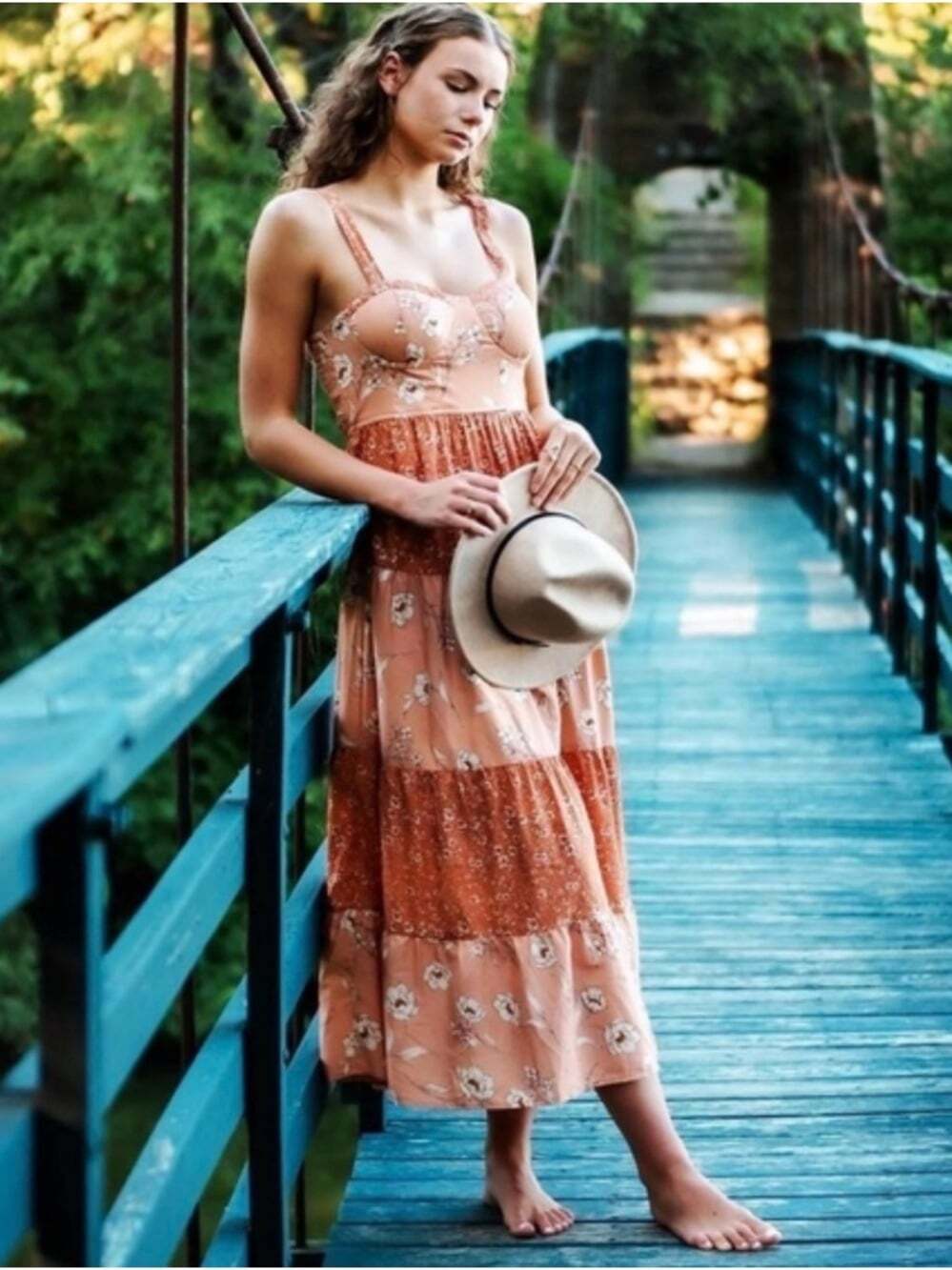 Band Of The Free Coral Floral Maxi Dress Medium Sleeveless Tiered Boho